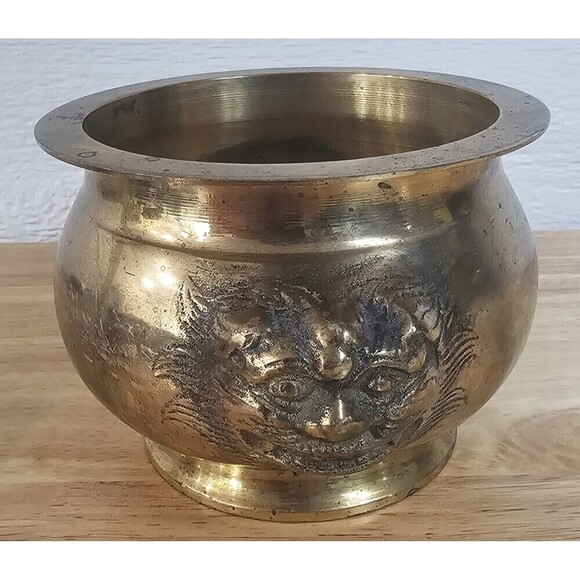 Source Unknown Other - Vtg Solid Brass Foo Dog Lion Head Asian Cauldron Censer Incense Planter Heavy